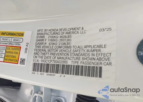 2025 Honda Accord Hybrid Sport-L from USA, damaged, VIN 1HGCY2F79SA033955